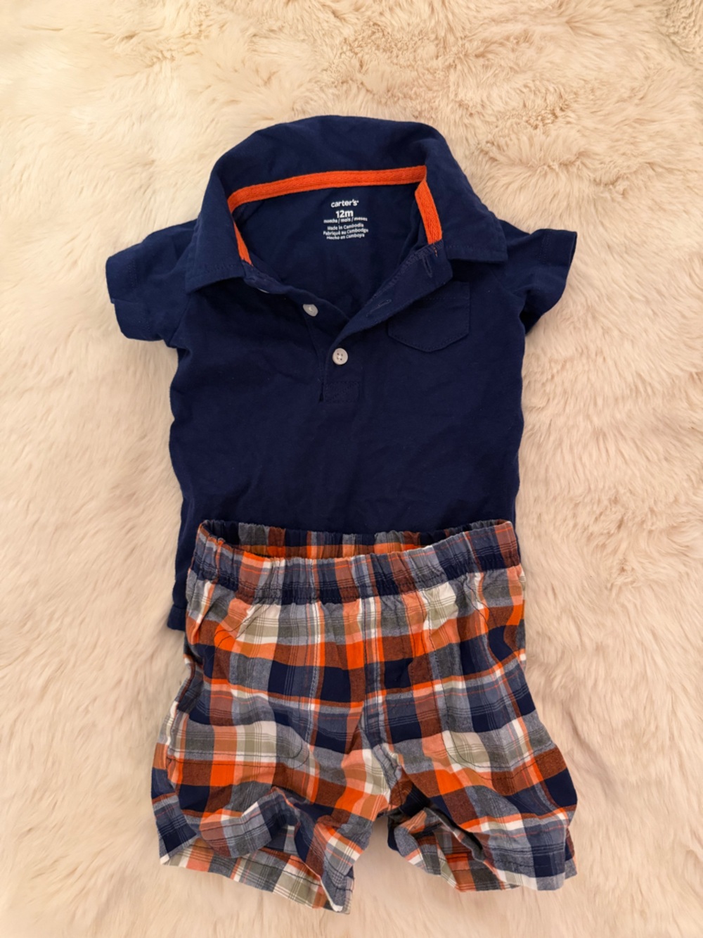 Carter's Navy Polo onesie with Orange & Navy Plaid Shorts Set